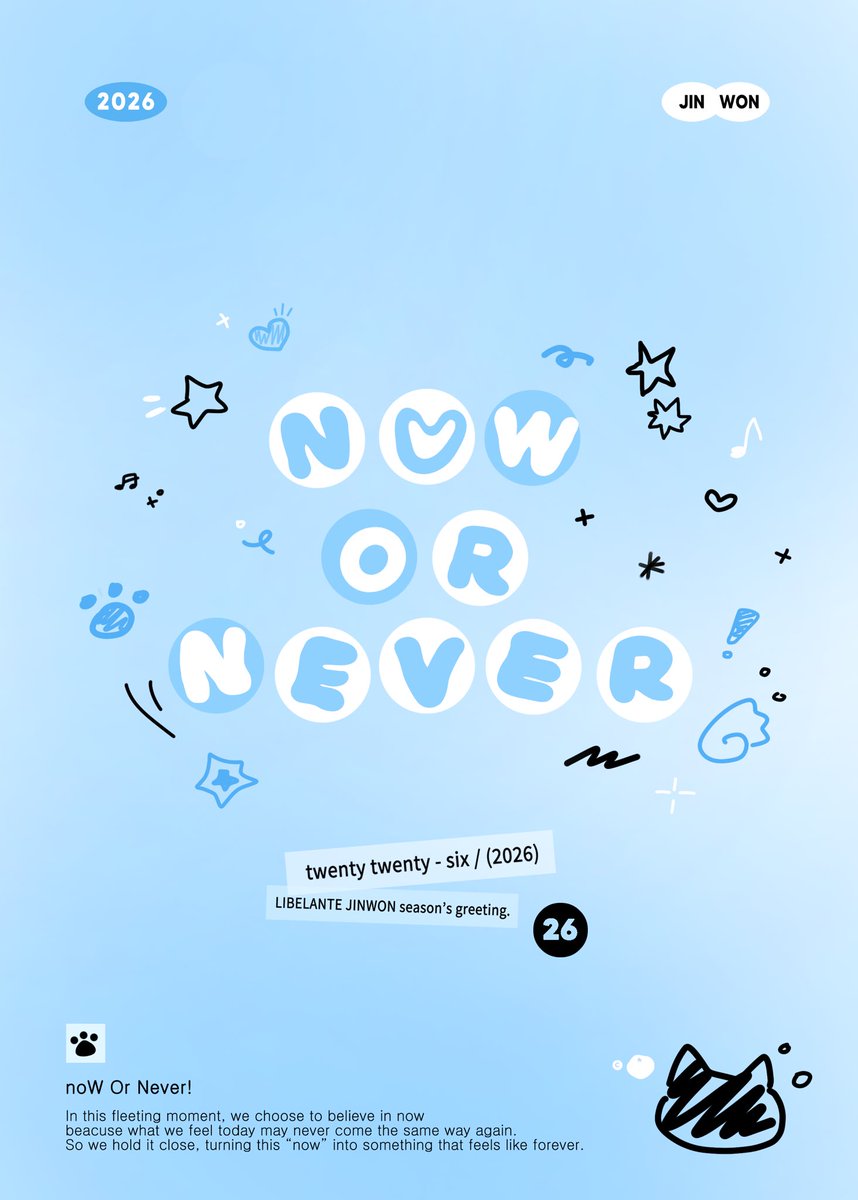 tang_tmt's tweet photo. ˚₊‧꒰ა ☆ ໒꒱ ‧₊˚
(2026) Season's Greetings for JINWON

‧

✶ 𝗻𝗼𝗪 𝗢𝗿 𝗡𝗲𝘃𝗲𝗿 .ᐟ 

‧

໒꒱ 25.12.28 -  26.01.02
໒꒱ https://t.co/ckSiyk8GAF

#Libelante #JinWon #리베란테 #진원 https://t.co/Rscyz2kPO0
