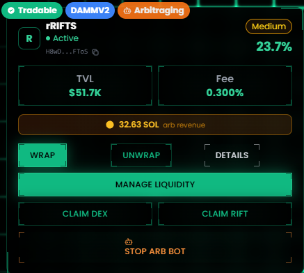 RiftsFinance's tweet photo. Arbitrage bot controls are now live across all Rifts.

Rift creators can toggle bot automation directly from the main page. A new badge indicates whether the arbitrage bot is active on each Rift.

This update provides transparent visibility into bot status for participants and gives creators direct control over automation without requiring manual configuration.