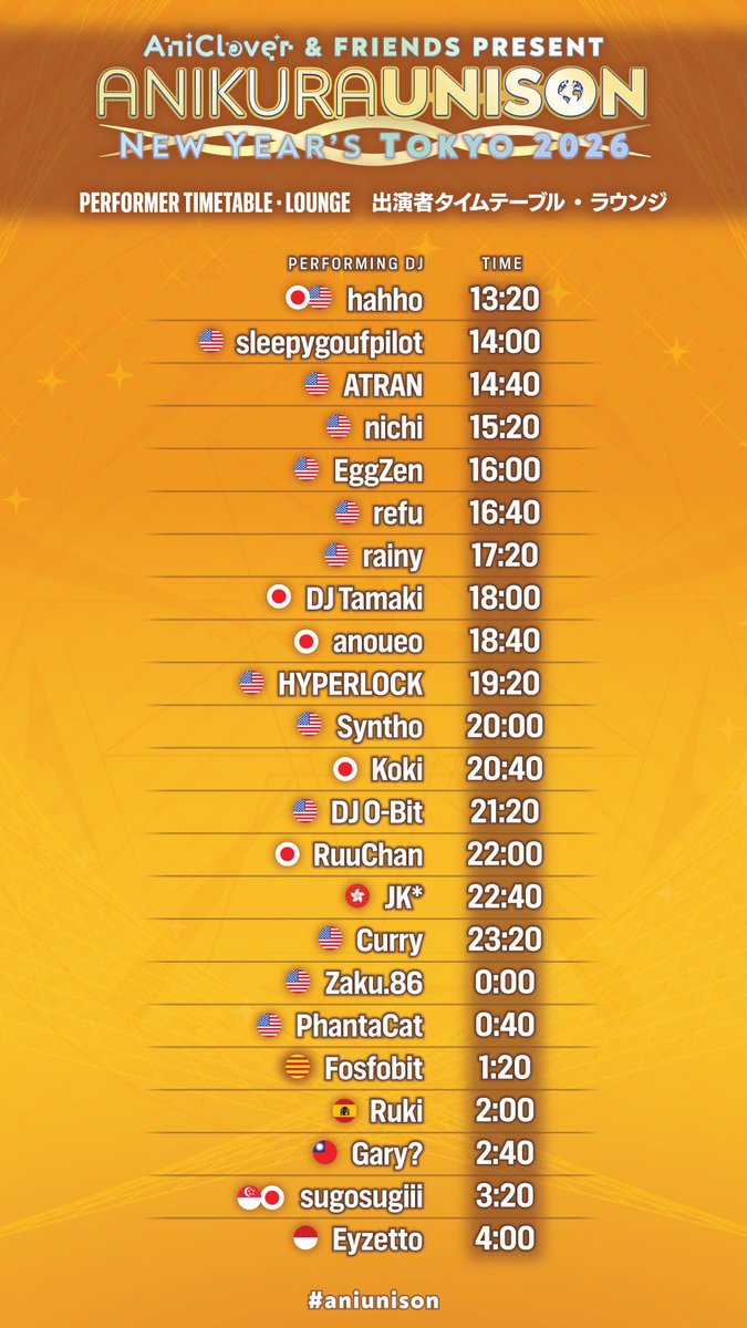 <a href="/animiraiclub/">AniMirai</a> <a href="/Ani_mode/">Ani-mode @ 台湾発最大級アニクラ</a> <a href="/anisongparty/">AniParty</a> <a href="/AnisonH/">𝐀𝐧𝐢𝐬𝐨𝐧𝐇𝐢𝐣𝐚𝐜𝐤 ㋡</a> <a href="/APEXARECORDS/">APEXA RECORDS</a> <a href="/AtomicPixelES/">Atomic Pixel Party</a> <a href="/cheers_39/">Cheers39</a> <a href="/datfilerecords/">dat file records @C107 2日目 南s-02a</a> <a href="/ParkBeatsTYO/">PARK BEATS</a> <a href="/stacknation_id/">STACKNATION</a> <a href="/TuneInTokyoClub/">Tune In Tokyo</a> <a href="/UDP_DJ/">Universal Denonbu Project</a> [TIMETABLE]