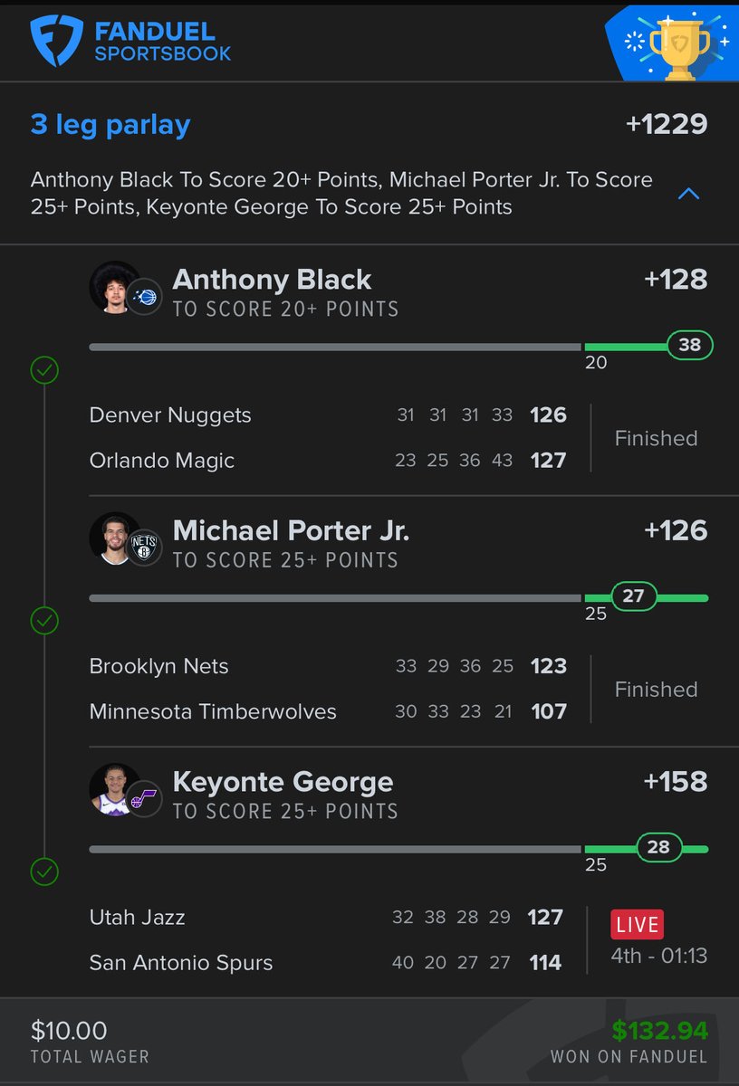 Lil 3 leg #NBA W 🙌🏀💰