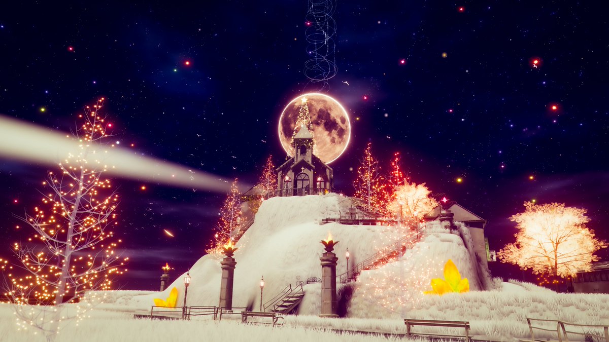 jellekayen's tweet photo. 金平糖の星が降り注ぐ満月の夜、キラキラのツリーを囲んで雪の丘で歌おう。
On a full moon night showered with candy stars, Let's sing around the sparkling tree on the snowy hill.
World: harlotte's Snowbell Island ～ 星と金平糖のセレナーデ
Author: Charlotte（シャル） @Charlotte202002 
https://t.co/8YKSr7gHOp
#VRChat #VRChatPhotography #VRChat_world紹介