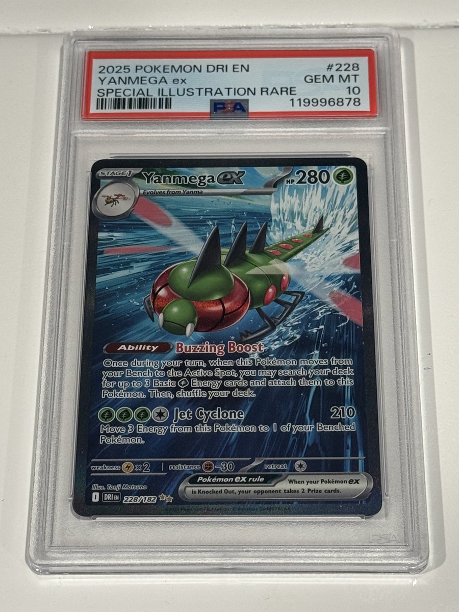 PokeBxne's tweet photo. 🎁 MY FIRST SLAB GIVEAWAY! 🎁

I'll be giving away a PSA 10 Yanmega ex SIR #228 from Destined Rivals on New Year's Day!🔥

For a chance to win:
✅Like + Repost This!
✅Follow @PokeBxne
(Optional: Tag a friend)

Winner drawn 1/1/2026. Good luck - US only!⚡️

#Pokemon #PokemonTCG #Giveaway #PSA #PSA10