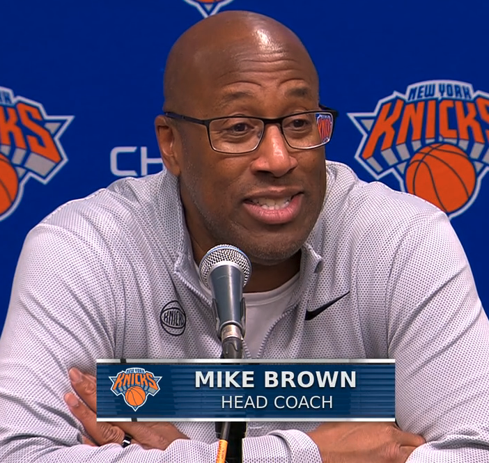 NBA_NewYork's tweet photo. Mike Brown on Kevin McCullar Jr: "Kevin was huge for us. We threw him out there, put him on different guys––had to guard Trae Young after playing in the G League all year. He's our DPOG…If you go to Webster's you'd see a couple of his plays under 'verticality'. He was awesome" https://t.co/UtUEfGKp6N