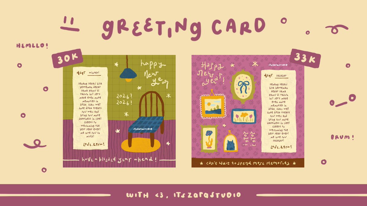 itszarastudio's tweet image. repost will be appreciated! 🍎

hEmLoO !! counting days to new year … 🚛 aku datang dengan membawa 12 greeting card yang bisa kamu jemput hari ini di jam 16.00 ke DM aku! &amp;lt; kindly check ALT and scroll down below for more info! &amp;gt; 🧀🛝

#zonauang #zonaba