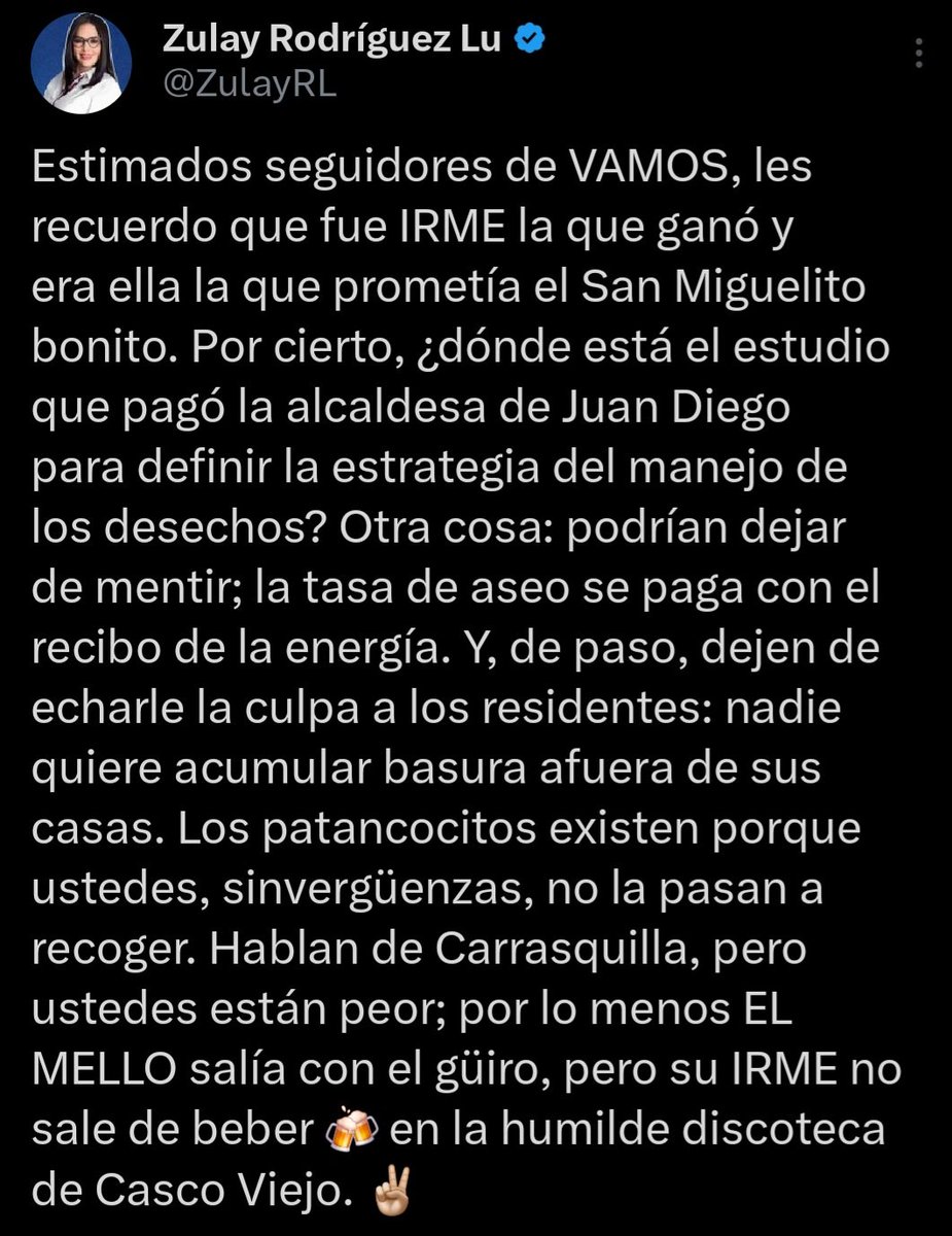 La excandidata presidencial, <a href="/ZulayRL/">Zulay Rodríguez Lu</a> afirma que la alcaldesa <a href="/irmaehernandezb/">Irma Hernández</a>, no sale de las discotecas.