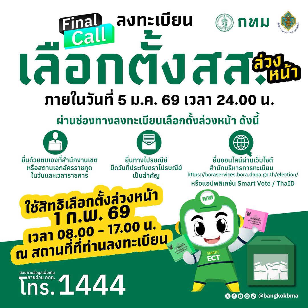 ลงทะเบียนล่วงหน้า เลือกตั้ง สส. สำหรับใครที่ไม่สะดวกไปเลือกตั้งวันจริง (8 ก.พ.69) กกต. จะเปิดให้ลงทะเบียนถึง 5 ม.ค. 69 เท่านั้น ทั้ง ในเขต / นอกเขต / นอกราชอาณาจักร
📷 รีบลงทะเบียนก่อนระบบปิด
📷 ช่วงเวลาลงทะเบียน
📷 20 ธ.ค. 68 – 5 ม.ค. 69
📷 ระบบออนไลน์ปิด 5 ม.ค. 69 เวลา 24.00 น.