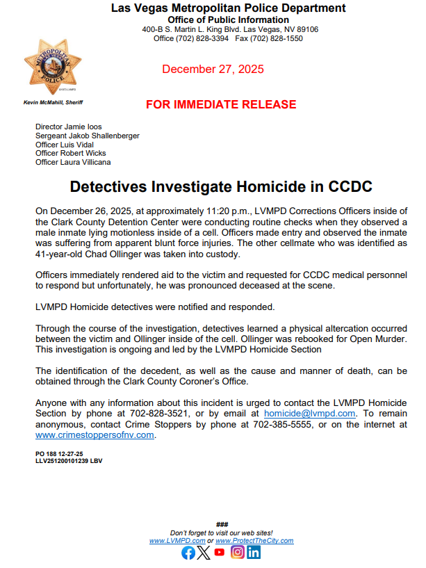 LVMPD's tweet photo. Please click below for more information on a homicide that occurred inside of the Clark County Detention Center on December 26, 2025. https://t.co/TbCsLxrPf7