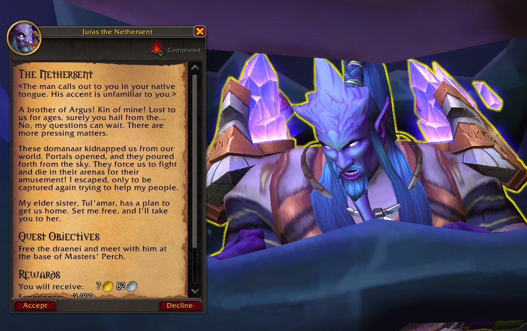 Draenei version now, immediately different dialogue. I like that they have an accent on Draenic, that's cute. 

Neat explanation for the Domanaar literally just showing up to other worlds to kidnap people. Also, Tul'amar and Juras are siblings!