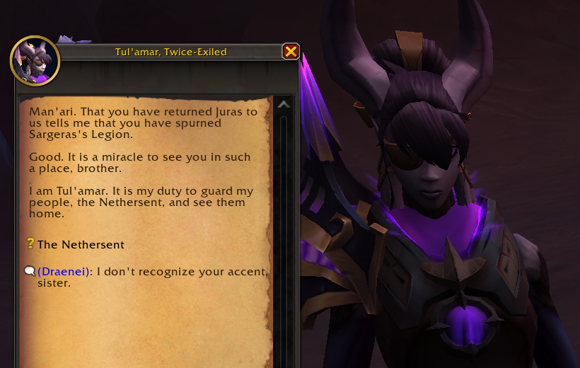 Portergauge's tweet image. Oh there's not just unique Draenei dialogue, but unique Man'ari dialogue too! I always love seeing sub-races getting recognized.