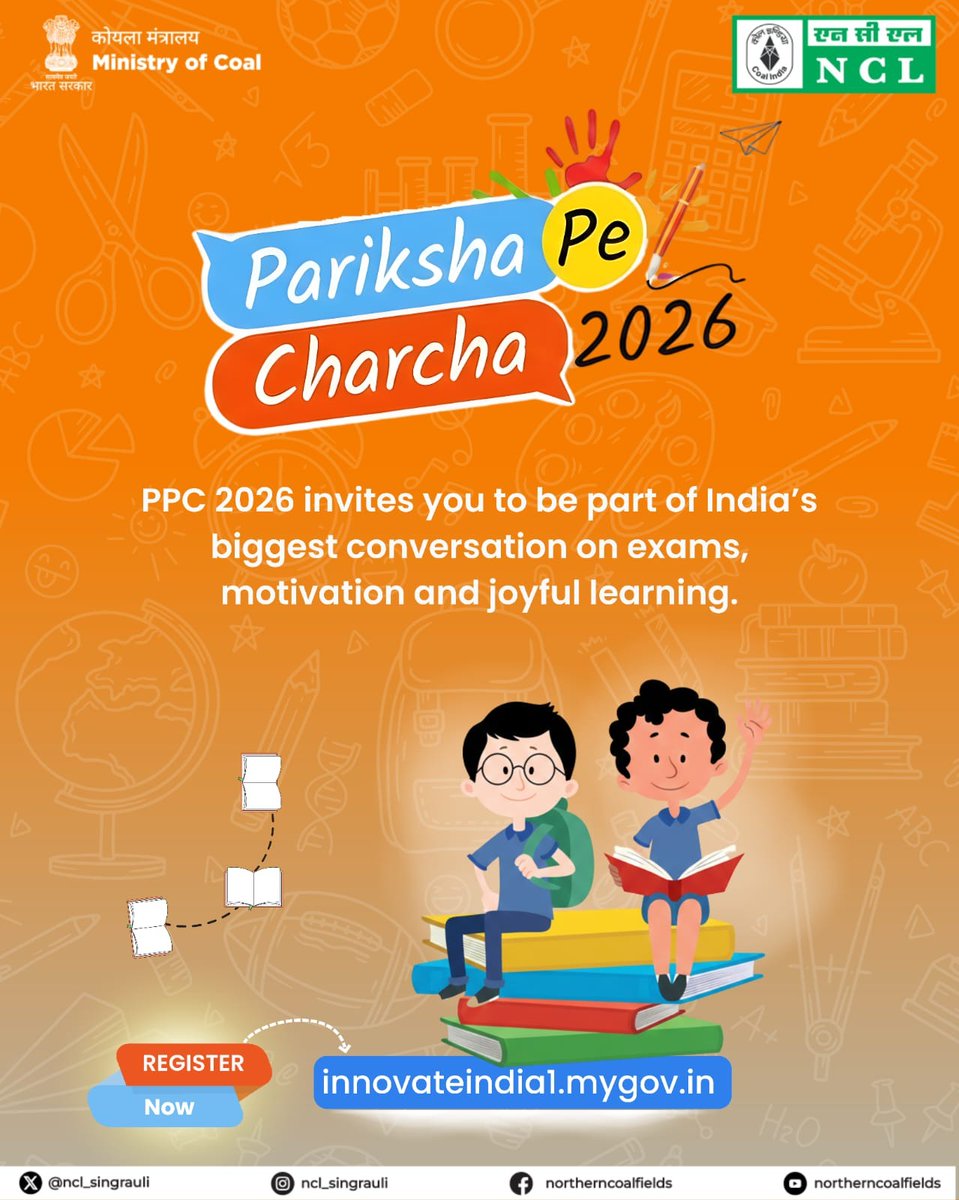 NCL_SINGRAULI's tweet photo. Exams are coming. Stress doesn’t have to. #ParikshaPeCharcha2026 is back with honest conversations on exams, confidence, and mental well-being.

Scan the QR code or register now https://t.co/mYoOCMwu8y

#PPC2026 #ParikshaPeChCharcha

@EduMinOfIndia @mygovindia @CoalMinistry
@kishanreddybjp @satishdubeyy @CoalIndiaHQ
