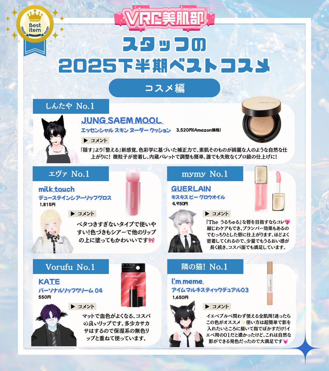 VRCbihada's tweet photo. 【𝐁𝐄𝐒𝐓 𝐂𝐎𝐒𝐌𝐄 𝟐𝟎𝟐𝟱🥇】

／
     VRC美肌部 STAFF
     #ベストコスメ2025 下半期💄
     『コスメ編🪄』
＼

しんたやさん×美肌部スタッフが
「本当に良かった」と思うアイテムを厳選🫧

リップもベースも名品揃いなので
最後までチェックしてみてください✨

#VRC美肌部 #ベストコスメ https://t.co/afa2z8UAsm