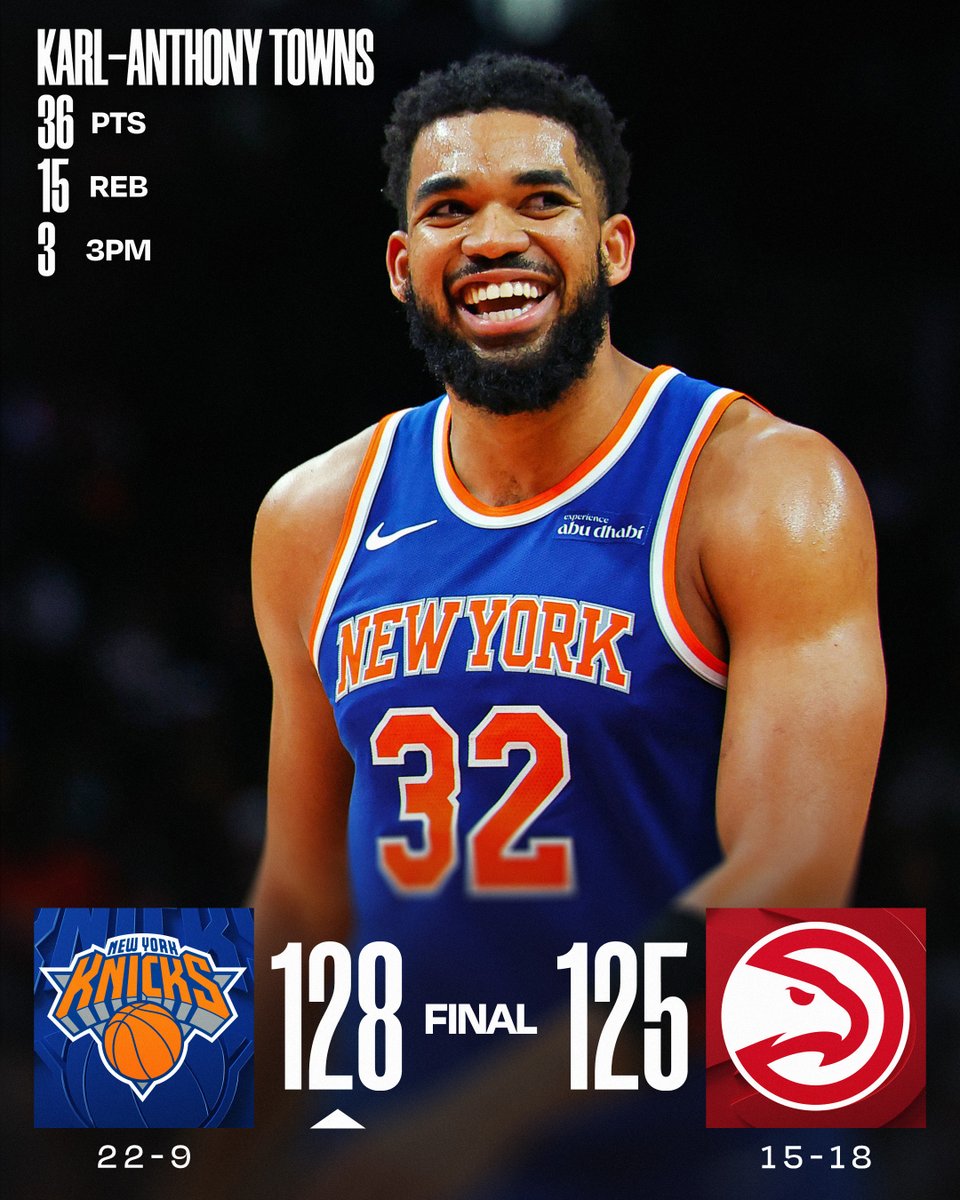 🏀 SATURDAY'S FINAL SCORES 🏀
Karl-Anthony Towns records the double-double to guide the @nyknicks to victory!
Jalen Brunson: 34 PTS, 5 AST, 4 3PM
Onyeka Okongwu: 31 PTS, 14 REB, 6 3PM