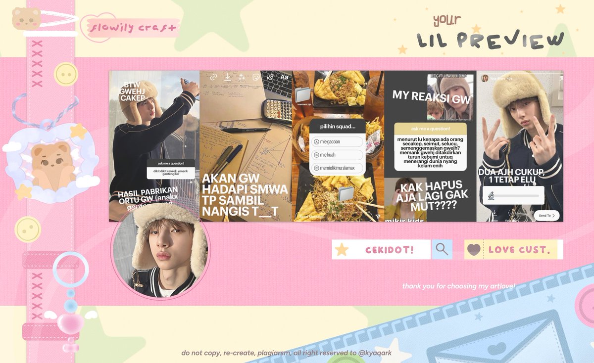 kyaqark's tweet image. Help repost, thankyou 💗

Kenalan yuk sama anak baru kay, namanya Cekidot 🤙🏻 kali ini vibes ala2 nak ig yg uptodet 😎 sayangi mereka iyhh tMan tMun, utk katalog ini jg sudah bisa dipesan iyh

*semua layout ufs*
Cek ALT iyh

#zonauang