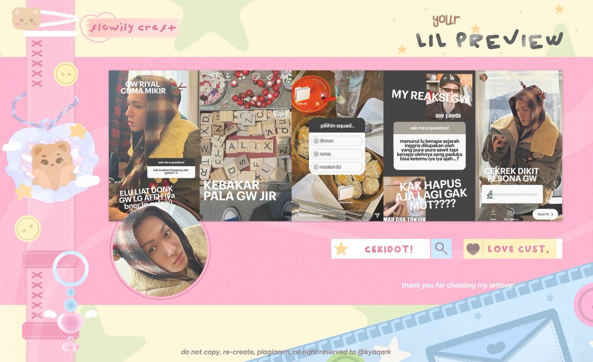 kyaqark's tweet image. Help repost, thankyou 💗

Kenalan yuk sama anak baru kay, namanya Cekidot 🤙🏻 kali ini vibes ala2 nak ig yg uptodet 😎 sayangi mereka iyhh tMan tMun, utk katalog ini jg sudah bisa dipesan iyh

*semua layout ufs*
Cek ALT iyh

#zonauang