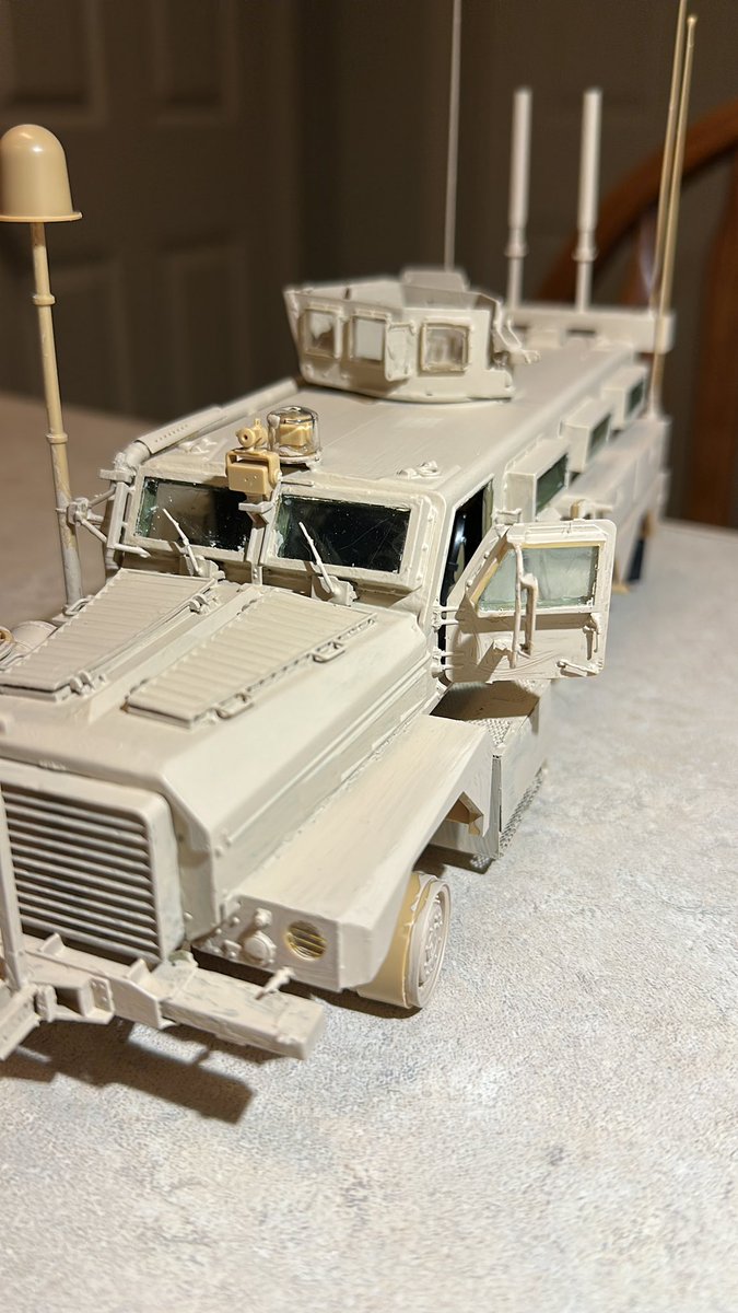 Decided to do it by hand. 
Model master sand 4720
There are some spots I need to hit again but overall happy as hell with look so far. 
I should finish underneath the chassis’s and underbody in the morning when drinking my coffee.
Possible be able to start the fine detail