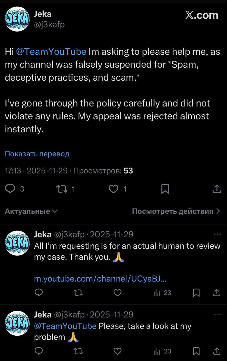 j3kafp's tweet photo. @TeamYouTube it been a month and y’all still haven’t contacted/answered me yet. My YouTube channel is mistakenly deleted for over a month already. All I’m asking is just for an human being to give me some time and help me with everything. https://t.co/rksmsArI2R