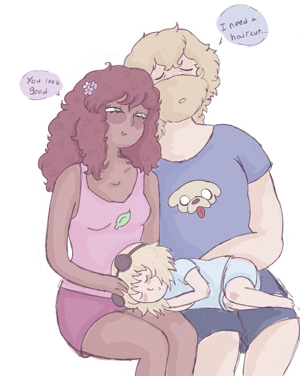 huntresses_wife's tweet image. I wanted to add to my older human finntress AU and I kind of wanted them to be parents but in my AU huntress is transfem so they can't really have bio kids so I had the idea that they could adopt the human kid version of neptr since in Ooo it looks like they all live together