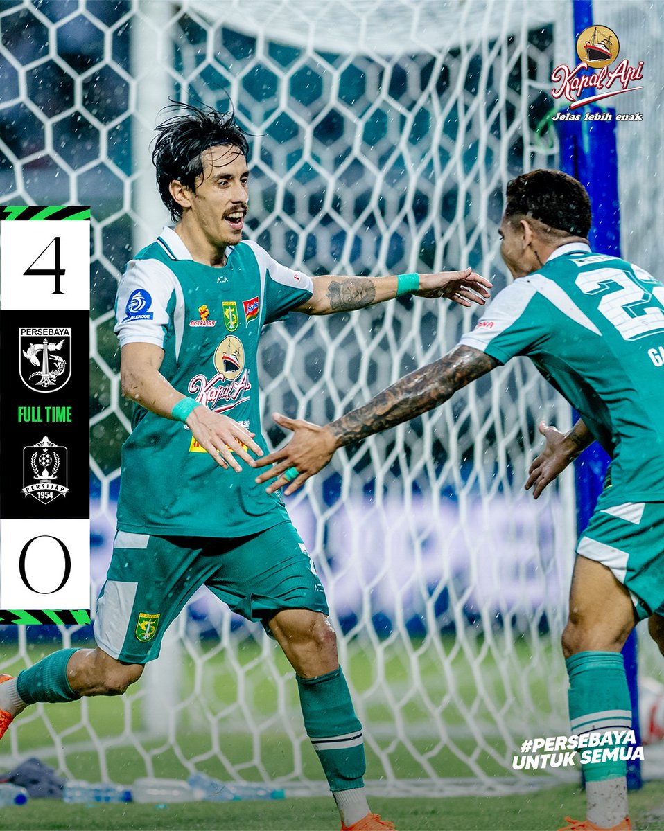 persebayaupdate's tweet image. FT
Persebaya 4-0 Persijap

⚽ Bruno Moreira (P) 26'
⚽ Leo Lelis 38'
⚽ Francisco Rivera 80'
⚽ Mihailo Perovic 85'

#Persebaya #PersebayaUntukSemua