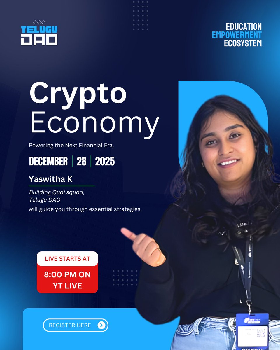 Crypto ante trading kaadu.

Crypto Economy ante money ela work avuthundo.

LIVE lo:

• CEX vs DEX
• DEX apps exploration
• Real earning methods
• Beginner mistakes

🗓️ Dec 28
⏰ 8:00 PM IST
📍 YouTube LIVE