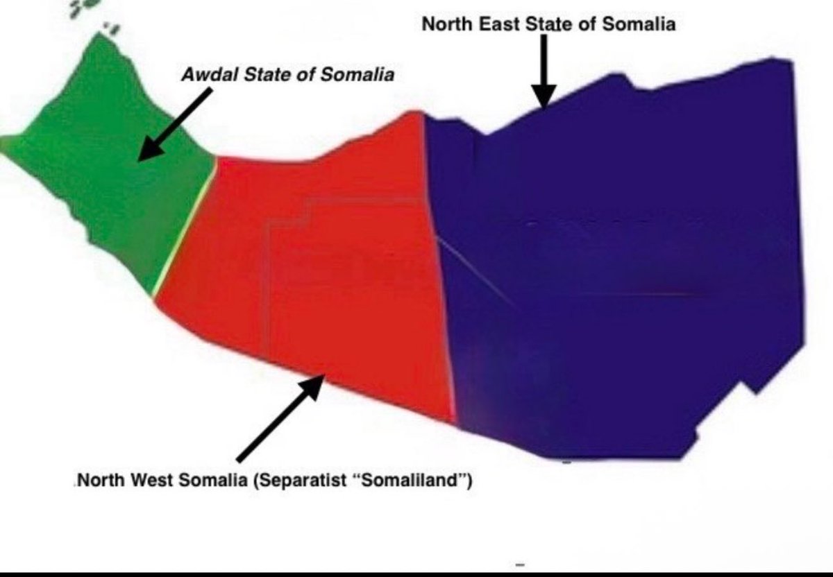 EIshmael_'s tweet photo. The accurate map of northern #Somalia shows that the northeast is a federally recognized member state (in dark blue), inhabited mainly by the Warsangeli and Dhulbahante clans. The central area in (Red) is the secessionist, single-clan enclave (pro-Zionist), dominated by the Isaaq. The green zone represents Awdal State, where the Samaroon majority and the Ciise clan live. The northwestern secessionist, single-clan enclave is geographically boxed in at the center. Awdal State of Somalia lies along the Red Sea coast.