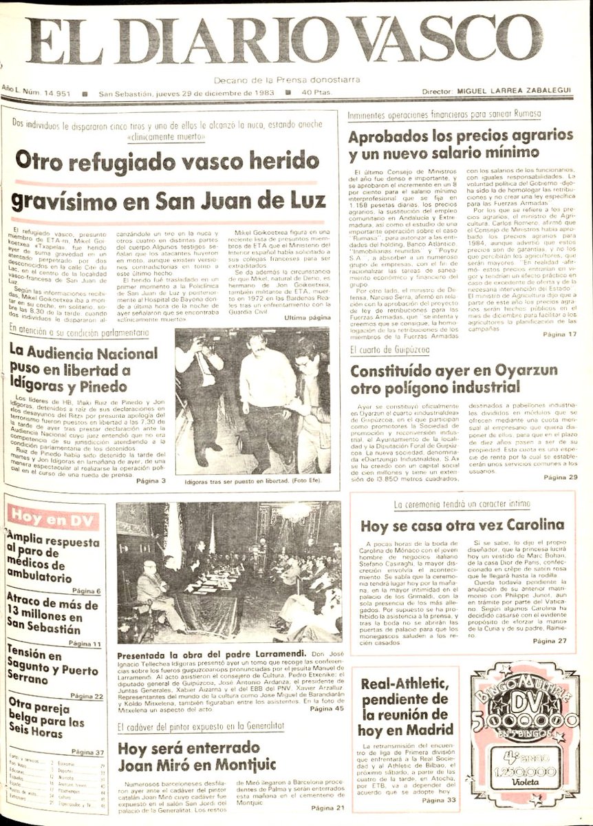 #TalDiaComoHoy de 1984 en #SanJuandeLuz (Fr) los #GAL asesinaron al etarra Mikel Goikoetxea Elorriaga (Txapela) delante de su mujer y dos hijos. Agonizó durante 4 días.

A los terroristas se les detiene, juzga y condena

#CondenamosTodoslosTerrorismos ¿Y tú? 🧵