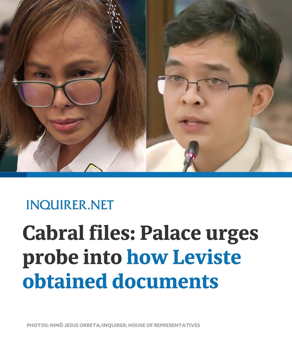 inquirerdotnet's tweet image. Palace Press Officer Claire Castro on Sunday said the manner in which Batangas Rep. Leandro Leviste obtained the “Cabral files” should be investigated, noting that even Public Works Secretary Vince Dizon has neither seen nor authenticated the documents.

READ MORE:…