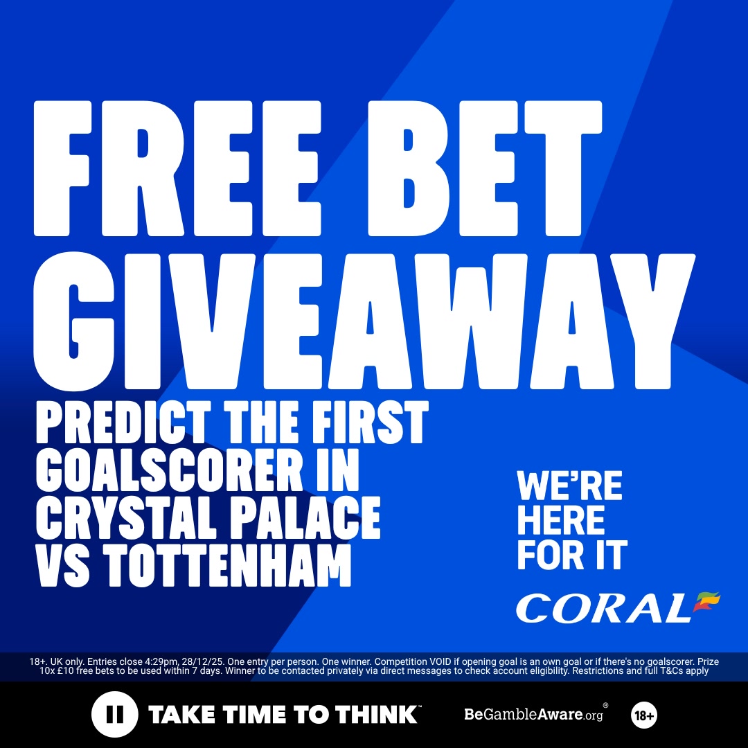 🚨 £100 FREE BET GIVEAWAY! 🚨

🔵 Correctly predict the first goalscorer in Crystal Palace vs Tottenham
🔵 Retweet and like this post
🔵 Follow <a href="/Coral/">Coral</a> 

One eligible entrant will be selected at random and win £100 in free bets! 🤑

FULL TERMS AND CONDITIONS APPLY: