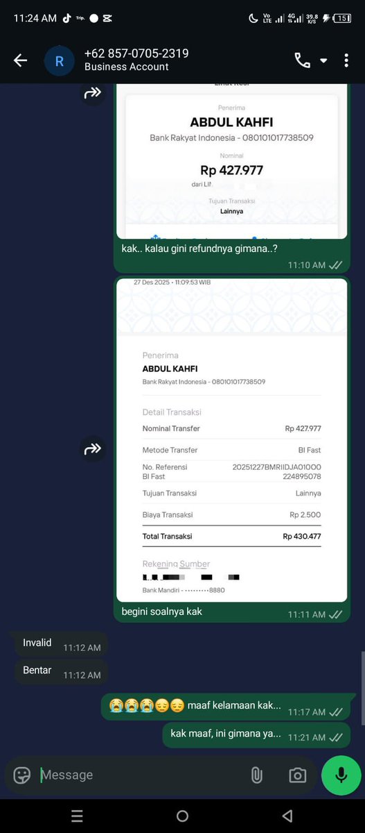 Mutedchords's tweet photo. Dan di sini si penipu itu berusaha buat ngeyakinin lagi temenku terkait dengan transaksi nya harus begini dan begitu. Dan setelah transfer, penipunya bilang "invalid" . Kita berusaha ngespam chat penipu itu, dia sempat nanyain "punya BRI?" Temenku bilang ga punya. https://t.co/JSMESgQN00