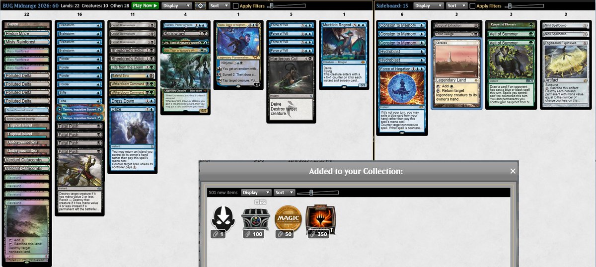 🏆BUG Midrange🏆

Won the legacy challenge. Playing stifle + uro like it's 2020. Currently like Uro &amp; Tamiyo more than Beanstalk

R1 Red Painter LWL
R2 Bant Beans LWW
R3 UB tempo WW
R4 Cradle Control WLW
R5 UB Tempo WW
R6 UR Cori WW

T8 Dredge WW
T4 UR Cori WW
Finals UR Cori WW