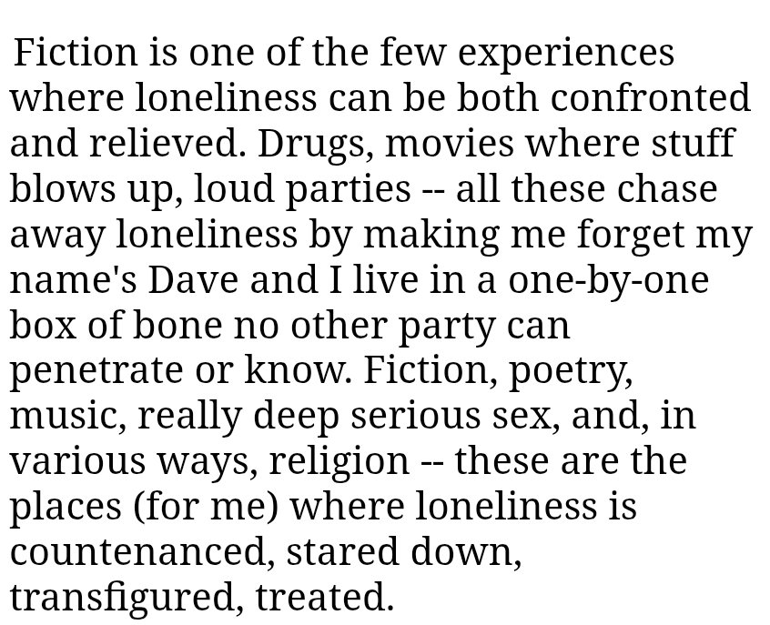 'Fiction is one of the few experiences where loneliness can be both confronted and relieved.'

David Foster Wallace