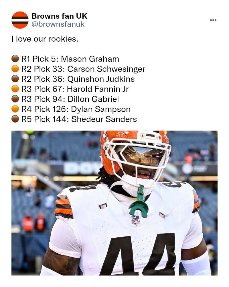 ShedeurTV's tweet image. I love our rookies. 🫶
🟤 R1 Pick 5: #MasonGraham
🟠 R2 Pick 33: #CarsonSchwesinger 
🟤 R2 Pick 36: #QuinshonJudkins
🟠 R3 Pick 67: #HaroldFanninJr
🟤 R3 Pick 94: Dillon Gabriel
🟠 R4 Pick 126: #DylanSampson
🟤 R5 Pick 144: #ShedeurSanders
What a great draft class. 🔥
#NFLDraft