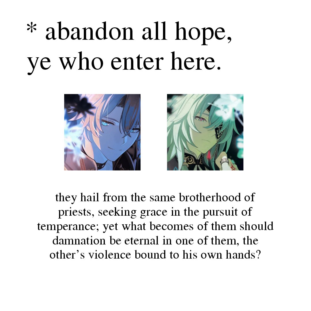 !2DFess ː Greetings. Should this premise interest you, feel free to leave a keyword or IC below to write together; make sure to choose between the pious and the damned or retweet to be acquainted in the mean time. Much obliged.

— Fantasy OC.