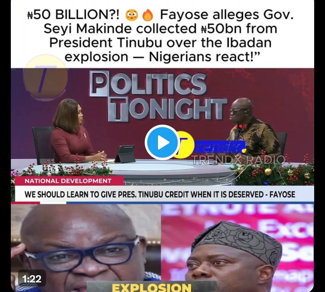 abdullahayofel's tweet photo. BREAKING: Fayose Releases Evidence of N50bn Governor Makinde Got From FG For Ibadan Explosion Victims

Two days ago, I said on a national television that Oyo State under Governor Seyi Makinde got a sum of N50bn from the Federal Government as intervention on the January 2024 explosion in Ibadan. 

Yesterday,  the Governor responded by asking me to provide evidence that he received such money, and here is the evidence he asked for.

Meanwhile, only N4.5bn was released to victims of the Ibadan Explosion. Rather, he diverted this fund and many others to his Presidential ambition, which is the reason for the crisis in the PDP and his attacks on President Bola Ahmed Tinubu and his government. 

Even though it is not in my character to go public with official government documents, I had to do this so that Nigerians will know who is saying the truth, and who has not been sincere with the people of Oyo State. 

Most importantly,  if as a governor,  you have elected to go on national television to disclose part of what transpired in private meetings you had with the President,  it becomes the duty of well-meaning Nigerians to give full disclosure.

Lastly, I challenge Governor Seyi Makinde to sue me on this. Let me also tell him that there are proofs of other intervention funds received from Tinubu’s administration by the Oyo State Government, which the governor refused to disclose to the people.

Also, there are documentary evidences on the actual Internally Generated Revenue (IGR) of Oyo State, as against Governor Makinde's claim, but we will keep our gunpowder dry for now.

My name is still Ayo Fayose, I don’t say what I can't prove. 

Ayodele Fayose 
Governor of Ekiti State 
(2003 - 2006 and 2014 - 2018)
December 28, 2025