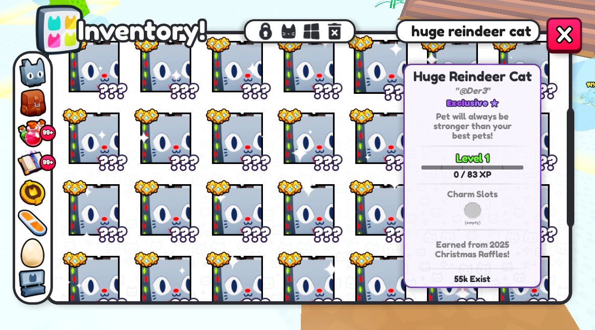 🦌 10x Huge Reindeer Cats - Pet Simulator 99 Giveaway 🐈

Requirements:
- Follow <a href="/Der3_Al3arab/">Der3_Al3arab</a> &amp; <a href="/ThtCoolGamerGod/">ThatCoolGamerGod</a> 👥
- Like ❤️ &amp; Retweet ♻️
- Comment your Username 💬

Ends in 3 Days | 10 Winners