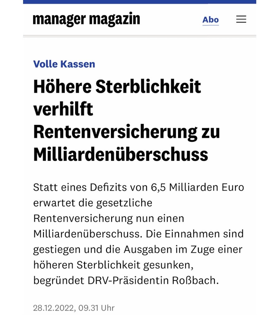 "Höhere Sterblichkeit verhilft Rentenversicherung zu Milliardenüberschuss"

28.12.2022 #RichtigErinnern