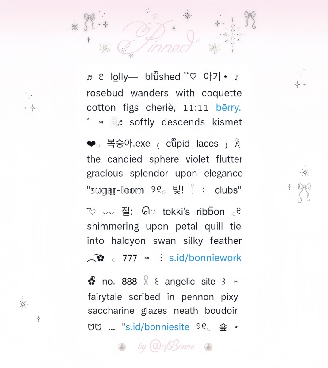 OfBonne's tweet image. ⠀⠀⠀   ⠀
⠀⠀   ⠀☾⠀a⠀repost⠀is⠀wondrous⠀☽
⠀⠀⠀   ⊹  ֹ ׅ  🪞⑅   ..  ⁐❀⁐ .. ⑅ 🪞 ׅ  ֹ ⊹

⠀⠀⠀beautifully⠀crafted⠀pinned⠀wit’
⠀⠀⠀your⠀likings!⠀kindly⠀peek⠀ALT
⠀⠀⠀໑ৎ ׁ⠀♡   6.000⠀⠀for⠀each⠀one.

⠀⠀⠀⠀⠀⠀xx #zonauang #zonaba
⠀