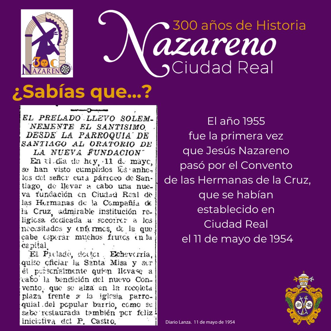 300 años de historia

✝️  El año 1955 fue la primera vez que Jesús Nazareno pasó por el Convento de las Hermanas de la Cruz, que se habían establecido en Ciudad Real el 11 de mayo de 1954.

#300NazarenoCR