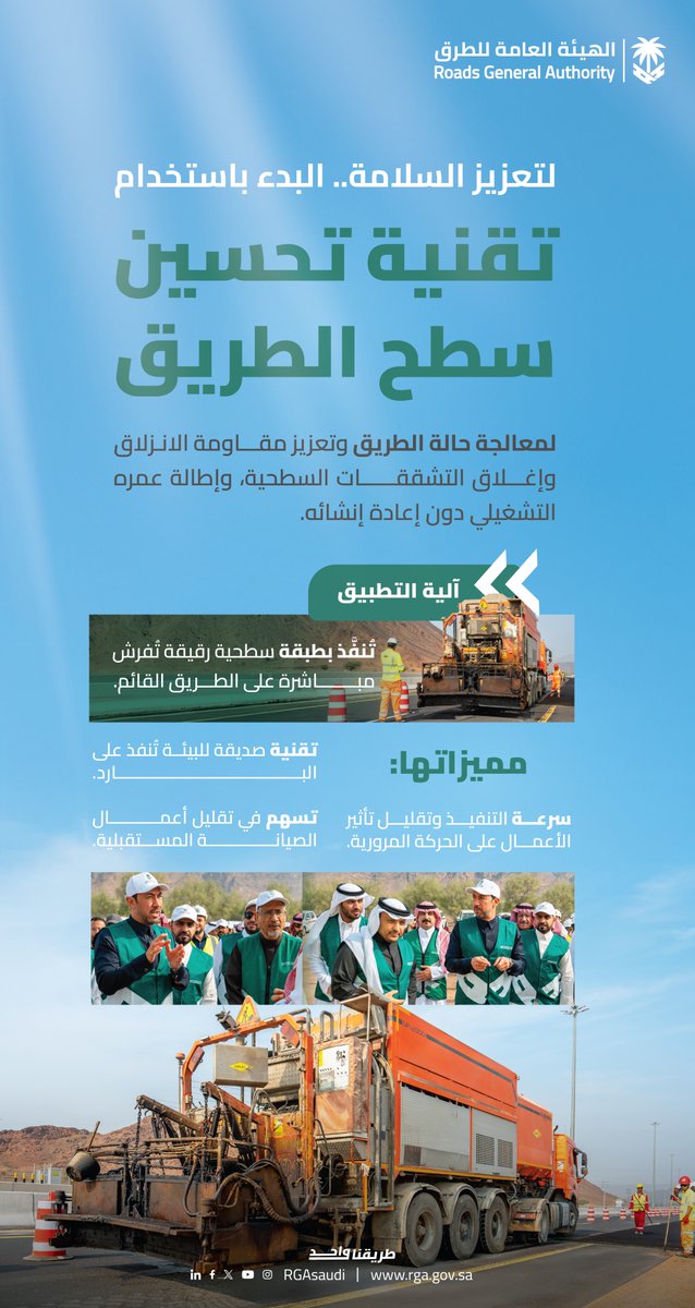 بأعمال أسرع وتأثير أقل على الحركة المرورية..

البدء باستخدام تقنية صديقة للبيئة تعمل على تحسين ومعالجة سطح الطريق في الوضع الراهن، وتُسهم في إطالة عمره التشغيلي مع فتح الحركة المرورية خلال ساعات قليلة بعد التنفيذ.