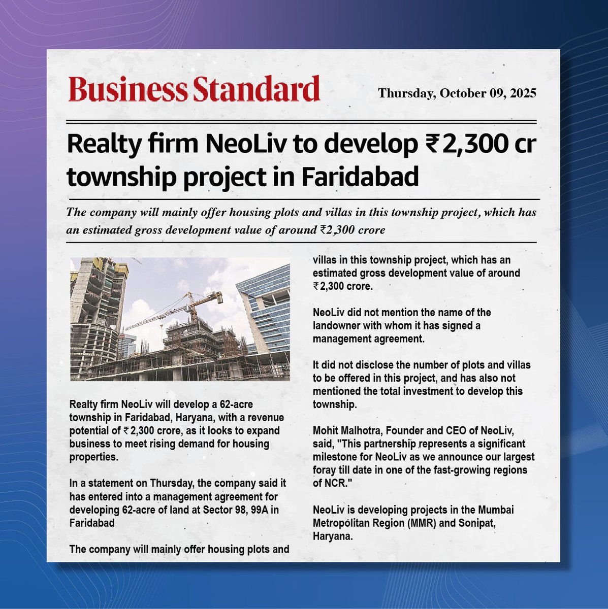 propertynonstop's tweet photo. NeoLiv's Rs. 2300 Cr Mega Township in NCR ! 

NeoLiv are thrilled to announce the signing of 62 acres mega theme based residential township in NCR.
https://t.co/2vdwLtGX5f

Stay Tuned for updates !
#DontDriveDecember #RealEstate #LuxuryLiving #Investment https://t.co/YDBOZvmG9t