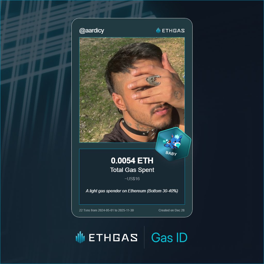 Leveled up in the Great Gas Reckoning with ETHGas! 💪

Baby Jack status: 0.0054 ETH gas spent, 1 Beans earned—supporting the Gasless Future!

Claim your Gas ID at ethgas.com/community/gas-…