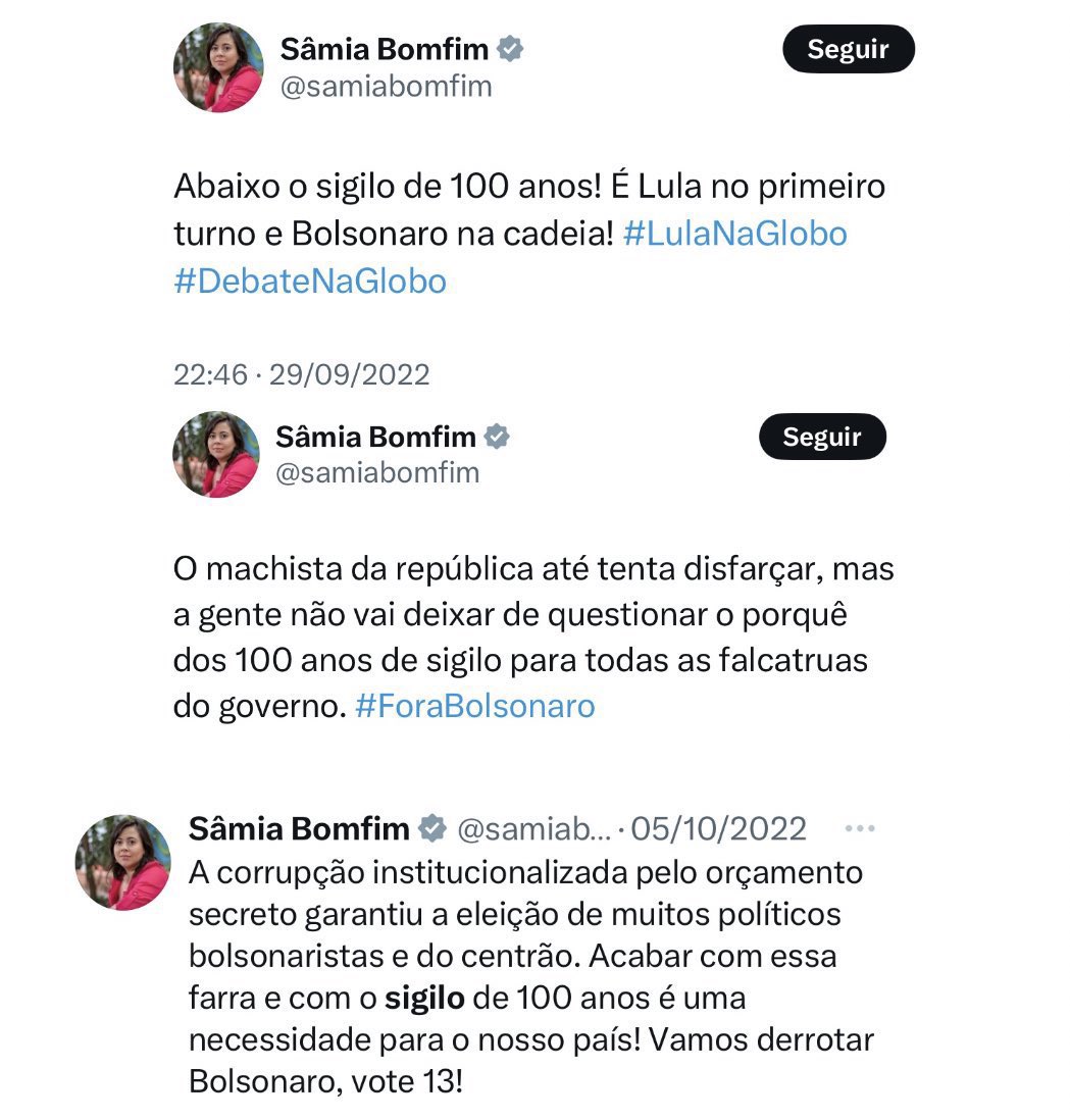 paulodetarsog's tweet photo. Oi, @samiabomfim.
Tudo bem?

Estamos aguardando você cobrar sobre o sigilo do Lula, já que cobrou tanto no Governo Bolsonaro e o MP afirmou que não encontrou nada.

Bom trabalho! https://t.co/sryU3R6ljq