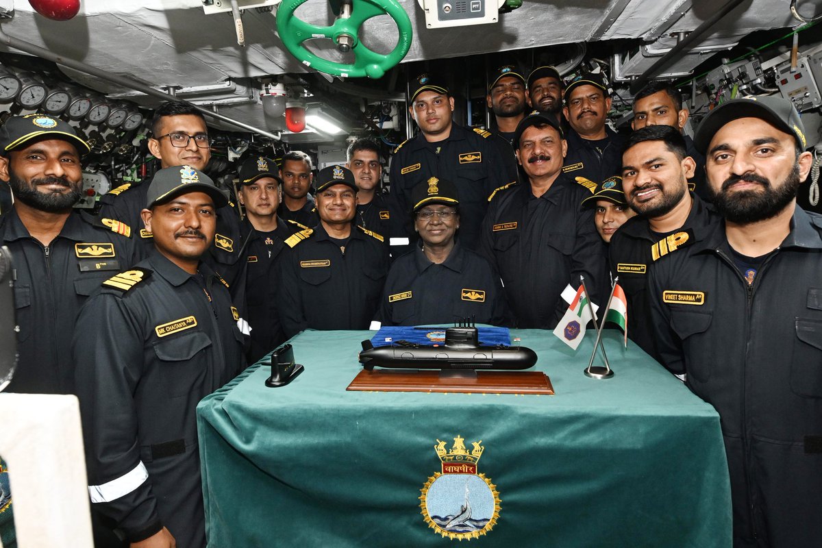 rashtrapatibhvn's tweet photo. President Droupadi Murmu undertook a dived sortie on the Western Seaboard onboard INS Vaghsheer. During the sortie, the President was briefed on the role of the submarine arm in India's maritime strategy, and the operational capabilities and contributions in safeguarding national maritime interests.

She interacted with the crew of INS Vaghsheer and commended their dedicaton, commitment and spirit of selfless service. She said that this indigenous submarine is a shining example of the Indian Navy's professional excellence, combat preparedness and unwavering commitment to national security.