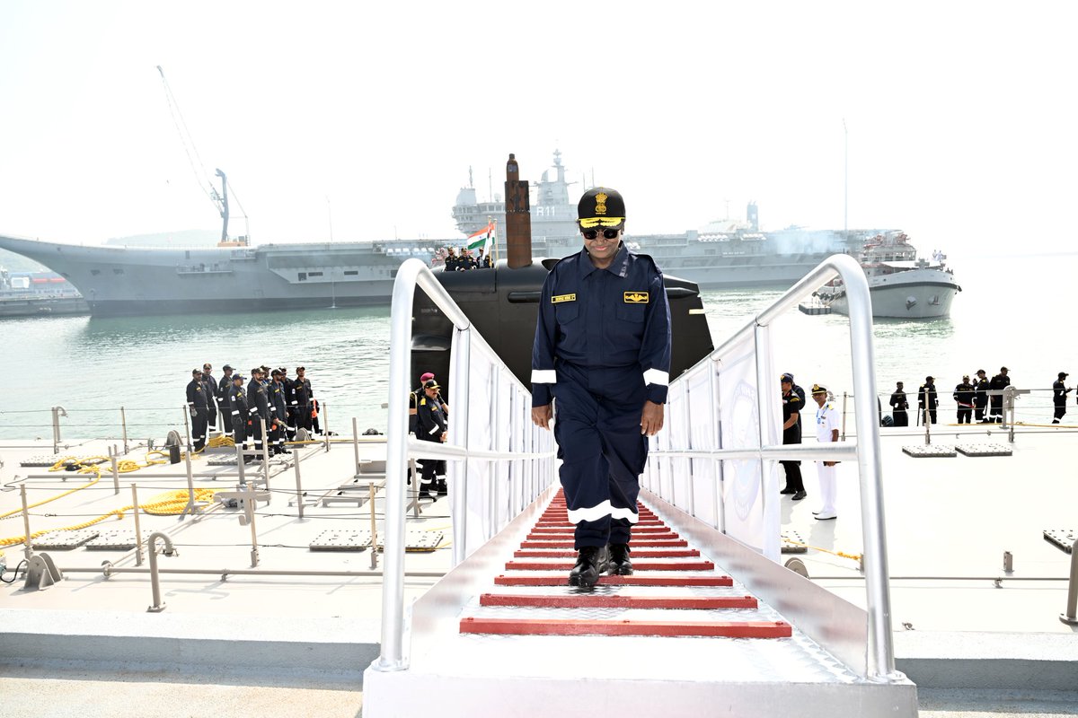 rashtrapatibhvn's tweet photo. President Droupadi Murmu undertook a dived sortie on the Western Seaboard onboard INS Vaghsheer. During the sortie, the President was briefed on the role of the submarine arm in India's maritime strategy, and the operational capabilities and contributions in safeguarding national maritime interests.

She interacted with the crew of INS Vaghsheer and commended their dedicaton, commitment and spirit of selfless service. She said that this indigenous submarine is a shining example of the Indian Navy's professional excellence, combat preparedness and unwavering commitment to national security.