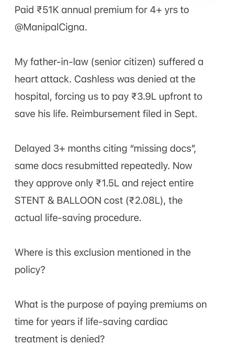 Amansinghsingha's tweet photo. This is mental harassment of a senior citizen, post heart-attack, made to wait months and fight for his own insurance.
Tagging authorities for urgent intervention.
@irdaindia @jaagograhakjago @consaff @ManipalCigna @MediAssistIndia #healthinsurancefraud #SeniorCitizenHarassment https://t.co/blaSemBaV7