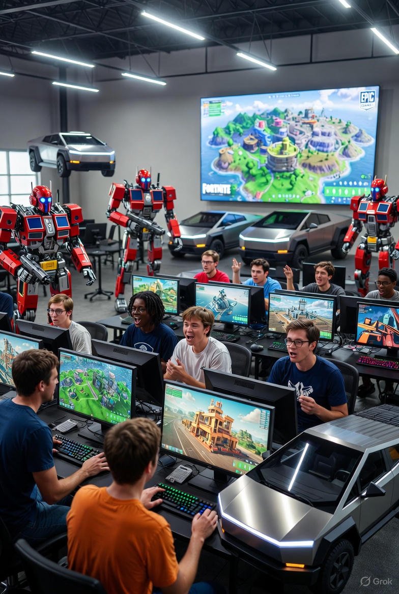 Lutzer15's tweet photo. @elonmusk @Tesla @EpicGames
Yo Elon, Fortnite braucht Optimus UND den Cybertruck! 🤖🚜 Kein Scheiß. Spieler steuern den Bot (bauen mit & Grok liefert freche Sprüche live), und rasen mit dem Cybertruck über die Map – unzerstörbar, Boost inklusive. Tesla liefert den Style, Epic die Island, wir den Hype. Kooperation oder was? #OptimusInFortnite #CybertruckInFortnite #TeslaGaming #Vollgas #Grok