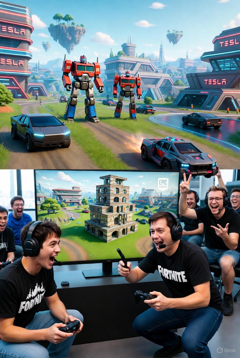 Lutzer15's tweet photo. @elonmusk @Tesla @EpicGames
Yo Elon, Fortnite braucht Optimus UND den Cybertruck! 🤖🚜 Kein Scheiß. Spieler steuern den Bot (bauen mit & Grok liefert freche Sprüche live), und rasen mit dem Cybertruck über die Map – unzerstörbar, Boost inklusive. Tesla liefert den Style, Epic die Island, wir den Hype. Kooperation oder was? #OptimusInFortnite #CybertruckInFortnite #TeslaGaming #Vollgas #Grok