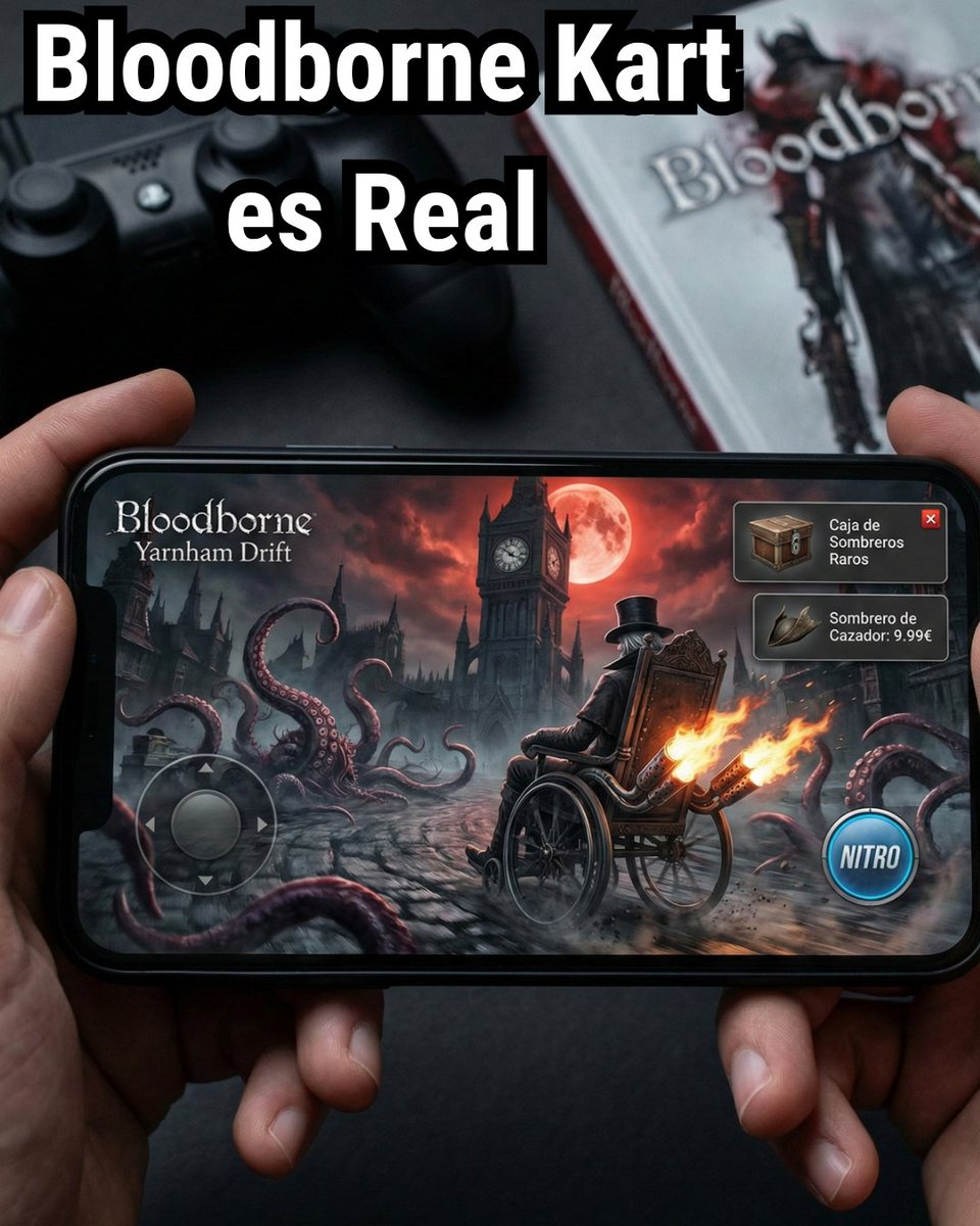 Bitcave_'s tweet photo. 🚨 ÚLTIMA HORA: 
​Se anuncia 'Bloodborne: Yarnham Drift', un exclusivo de karts para móviles. 🏎️🌕
​Detalles:
• Controles táctiles.
• Silla de Ruedas de Gehrman con Nitro confirmada.
• Monetización vía Loot Boxes
​ ¿Opiniones? 👇
​#PlayStation #GamingNews #BloodborneKart https://t.co/GISYtkCNJh