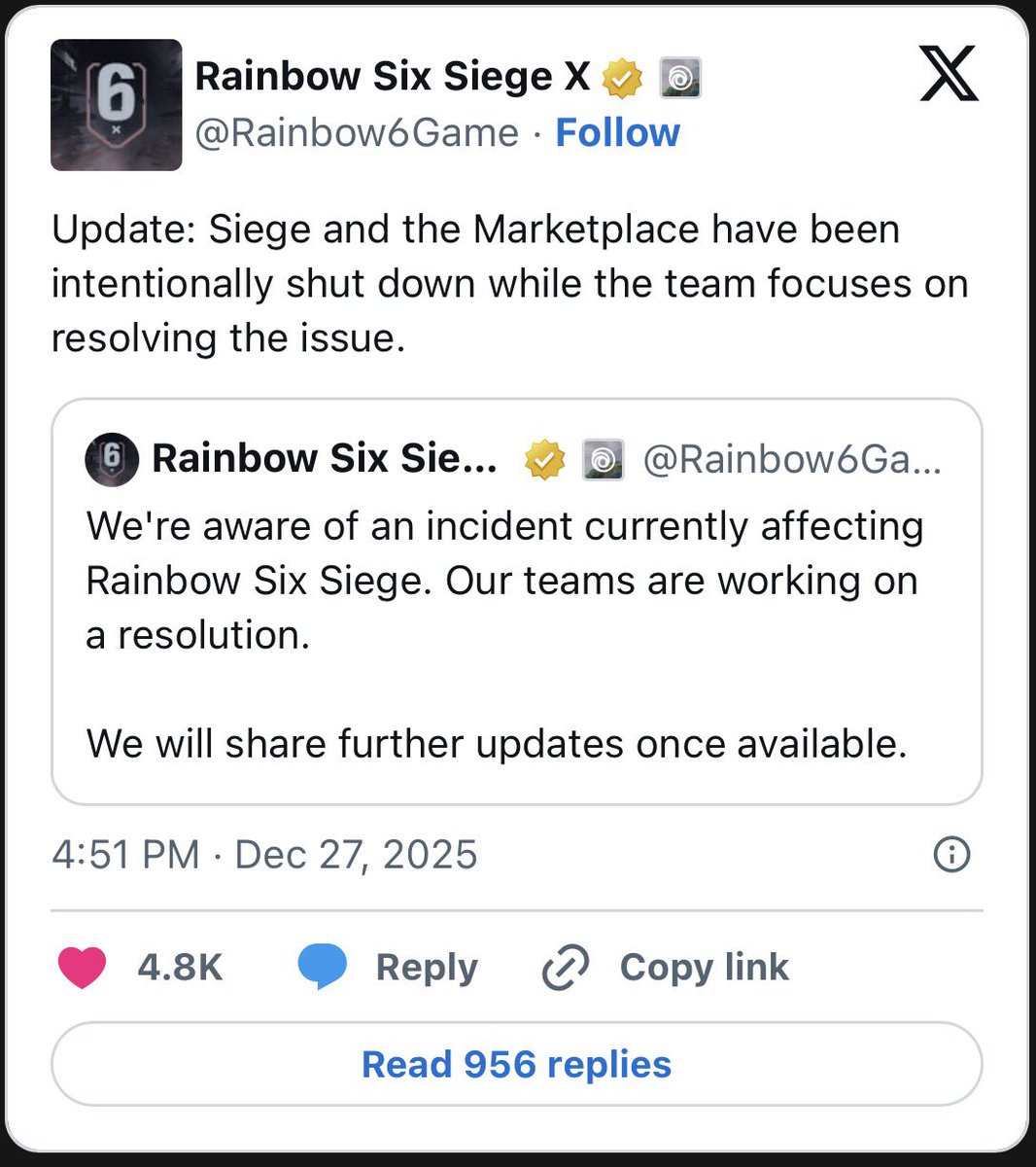 Un hackeo masivo en Ubisoft expone datos de usuarios, y código fuente. Los servidores de Rainbow Six Siege fueron cerrados por Ubisoft porque los hackers regalaron unos 13 millones de dólares en activos del juego a unos 30 millones de jugadores. insider-gaming.com/rainbow-six-si…