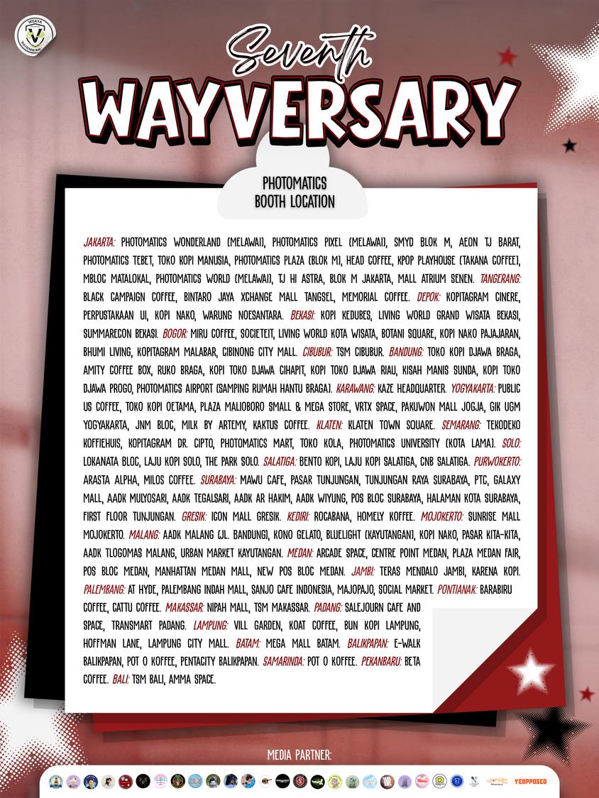 𝗪𝗔𝗬𝗭𝗘𝗡𝗡𝗜 𝗦𝗨𝗥𝗔𝗕𝗔𝗬𝗔 𝗣𝗥𝗘𝗦𝗘𝗡𝗧𝗦

WayZenNi, let's celebrate our 7th anniversary with WayV! 🎉

Join 𝗦𝗲𝘃𝗲𝗻𝘁𝗵 𝗪𝗮𝘆𝗩𝗲𝗿𝘀𝗮𝗿𝘆 Photoframe Event by WayZenNi Surabaya at Photomatics booths from January 1-30, 2026! 📸

#WayV #7YearsWithWayV