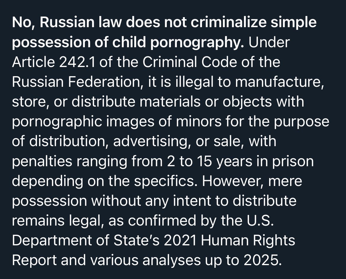 Simple possession of child porn is LEGAL in Russia

Putin himself has an international arrest warrant for child trafficking